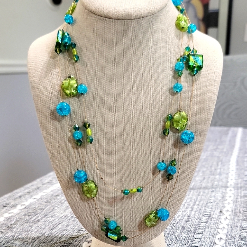 Multi Strand Elegant Glass Green and Blue Beaded Necklace 21"